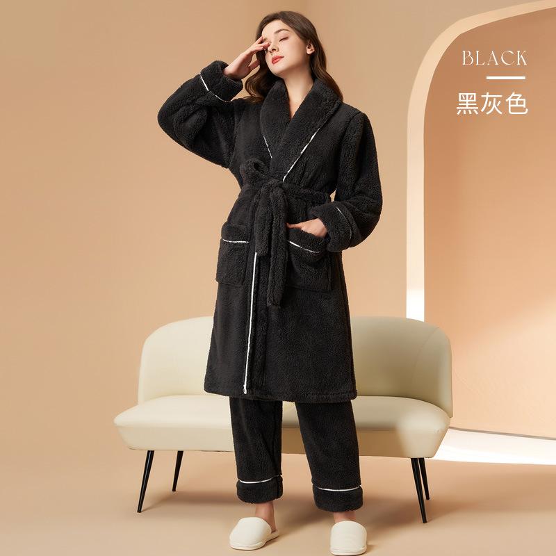 

Женский комплект из 2 предметов, осенне-зимний, двухслойный, утолщенный, мягкий, из хлопкового флиса, пижамы, парный банный халат на шнуровке, комплект одежды для дома больших размеров XL чёрный