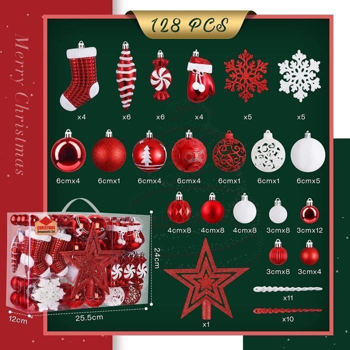 Boule de Noël - SOLEDI - Lot de 128 - Plastique Incassable - Rouge et Blanc - Décoration Sapin
