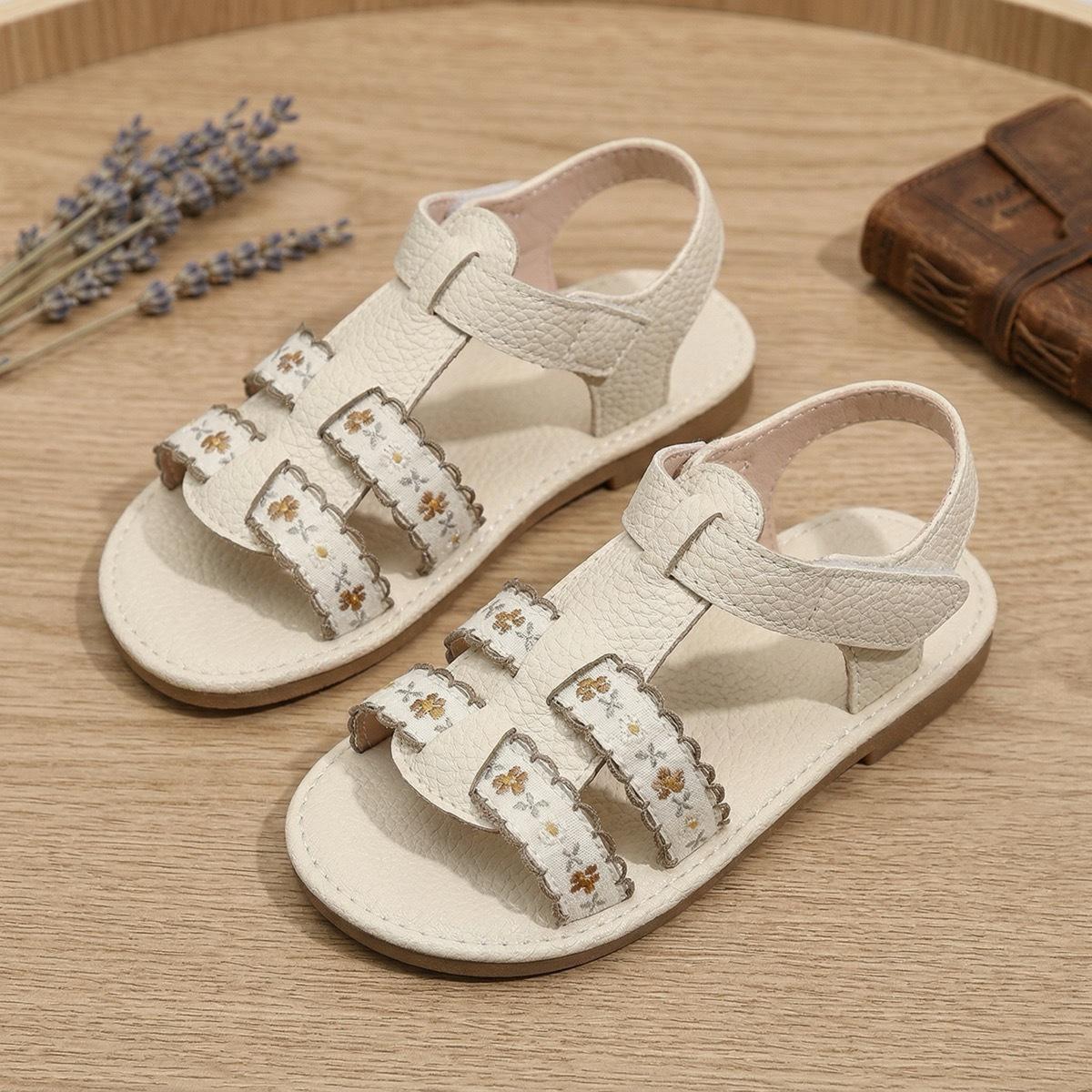 Girls Embroidered Flower Sandals, Off-White, Soft-Soled, Non-Slip, Summer, Korean Style. 29 абрикосовый