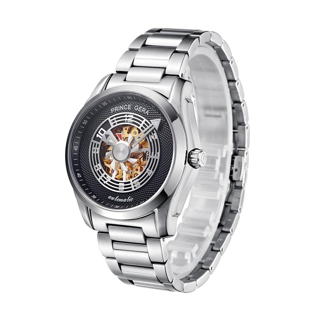 PRINCE GERA Stainless Steel Analog Display 50M Water Resistant Dress Mechanical Watch Sliver Case Black Dial Men's [Item]
