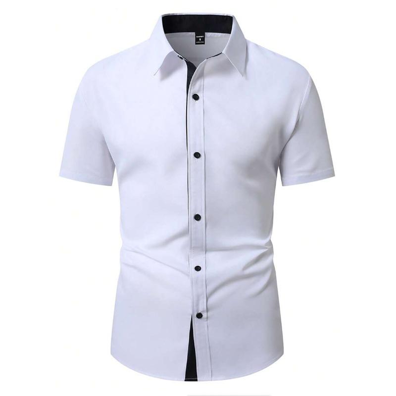New Summer Men Clothes Spell Color Short Sleeve Shirt Men Lapel Fashion 100% Polyester Shirt Tops