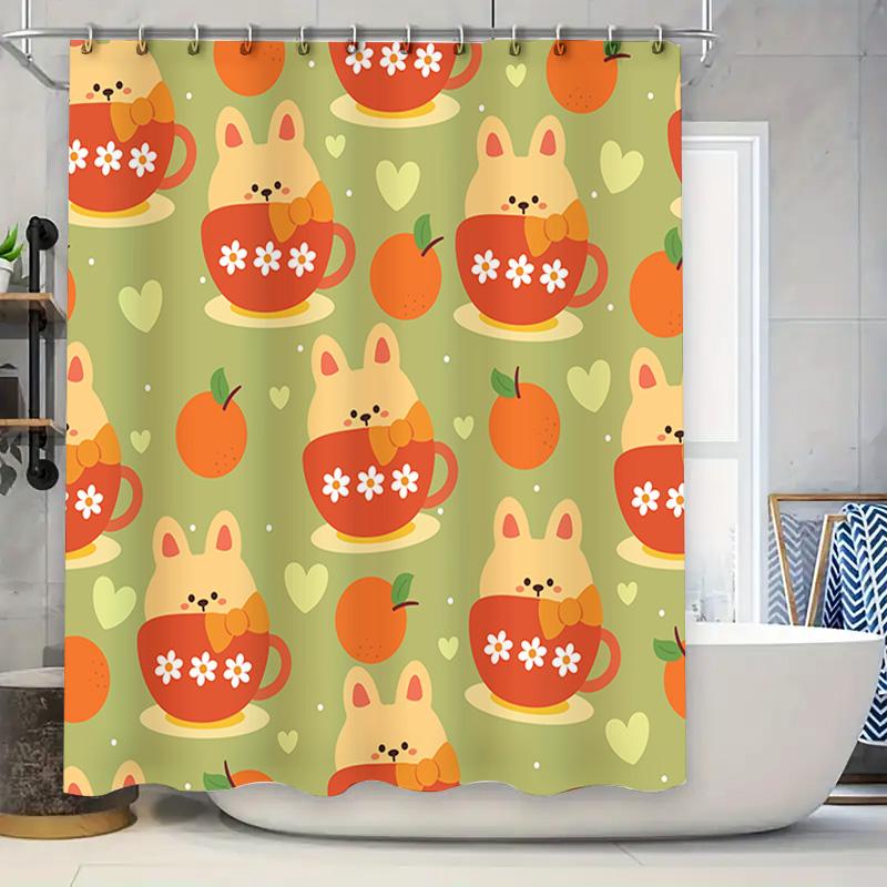 

Adorable Animal Pattern Shower Curtain Rabbit Tea Time Design For Bathroom Decor Green 3D Printed Fabric With Hooks Set (60X72) W60H190(CM)-1 Pcs