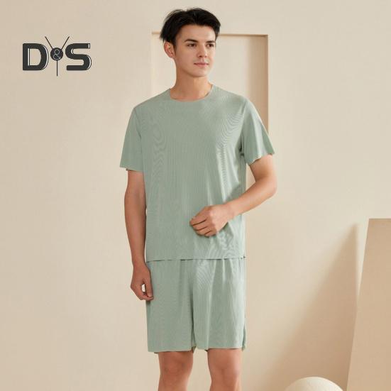 Pánské pyžamo s 2 ks, krátkým rukávem a výstřihem do V, elastickým pasem a kraťasy, jednobarevné, domácí oblečení