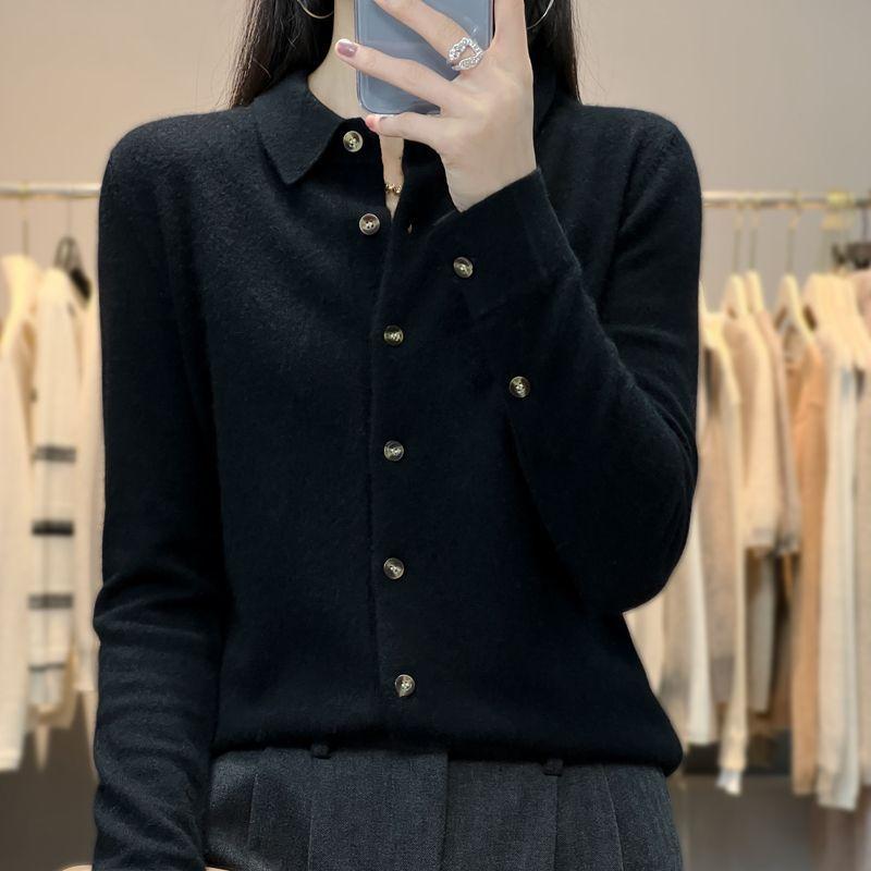 Autumn and Winter Cashmere Sweater Women's Knitted Cardigan POLO Collar Korean Style Sweater Jacket Temperament Lapel Shirt Design