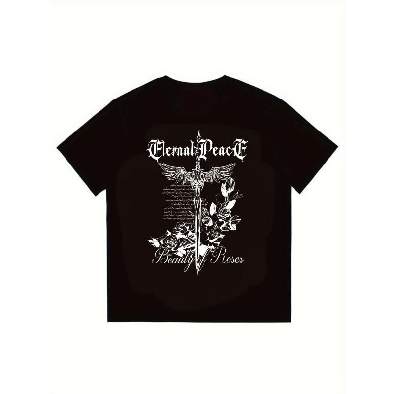 

Men s Black T-Shirt Eternal Peace Beauty of Roses Graphic Print Casual Streetwear Fashion Top for Daily Wear and Music Events XXXXL