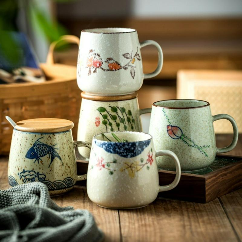 Ceramiczny kubek do kawy w stylu japońskim z uchwytem Kubek na śniadanie, mleko, owsiankę z pokrywką i łyżeczką Domowy kubek do herbaty, wody, odporny na ciepło