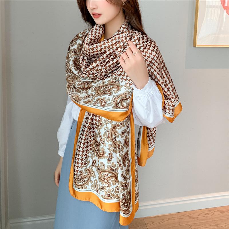 

Long big silk scarf simulation silk wind thousand birds plaid scarf retro cashew nut color matching sunscreen shawl women 180*90cm