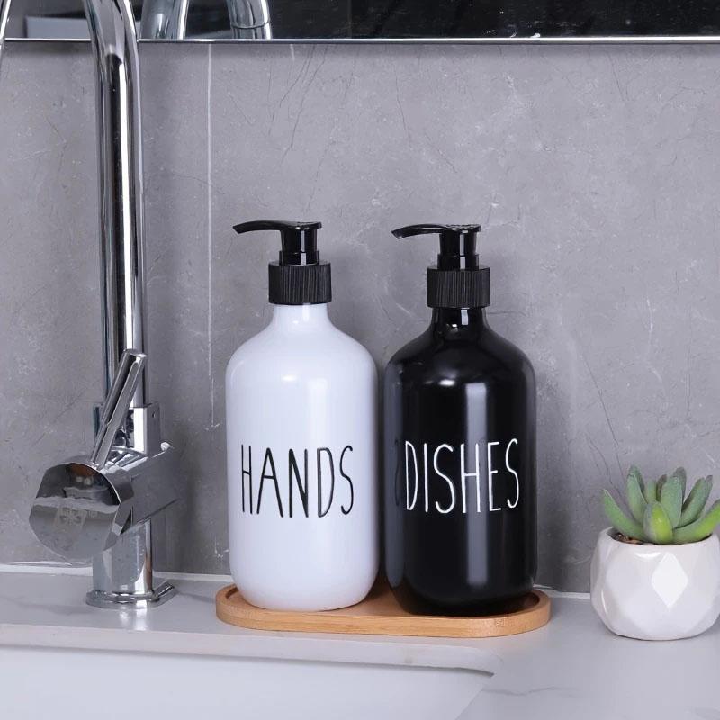 Dishwashing Soap Dispenser with Plastic Pump, Reusable Liquid Soap Shampoo Shower Gel Bottle Pressure Bathroom Decoration 500ml