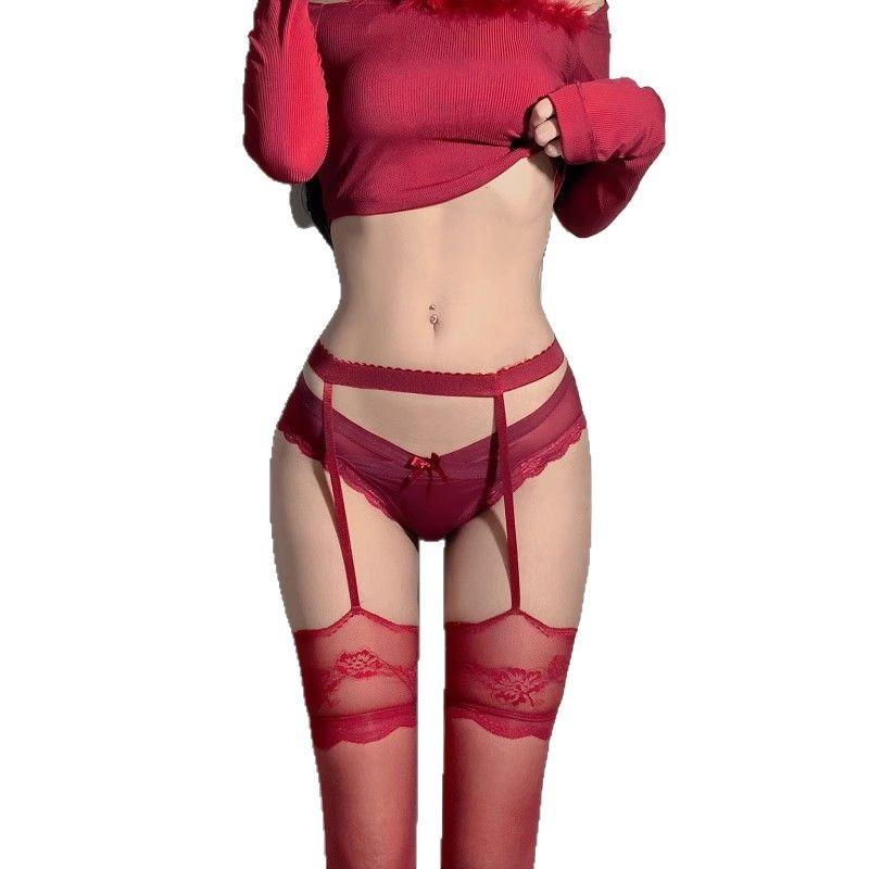 Red Edge Black Stockings Suspenders Integrated Socks Sexy Lace Stockings Over Knee Suspenders Ultra-thin Anti-hook Silk Leg Rings