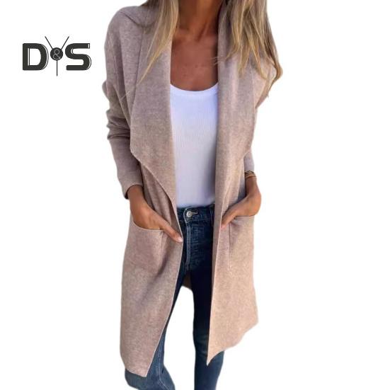 Damenjacke mit Umlegekragen, Taschen, einfarbig, offener Stich, locker, Thermo, langärmelig, Pendeln, Dating, Frühling, Herbst, Wintermantel