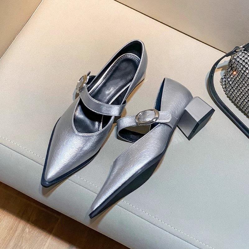 Fashion 2025 New Designer Vintage Heels Women Silvery Pointed Toe Women Mary Jane Shoes Fashion Shallow Casual Low Heel Dress Shoes
