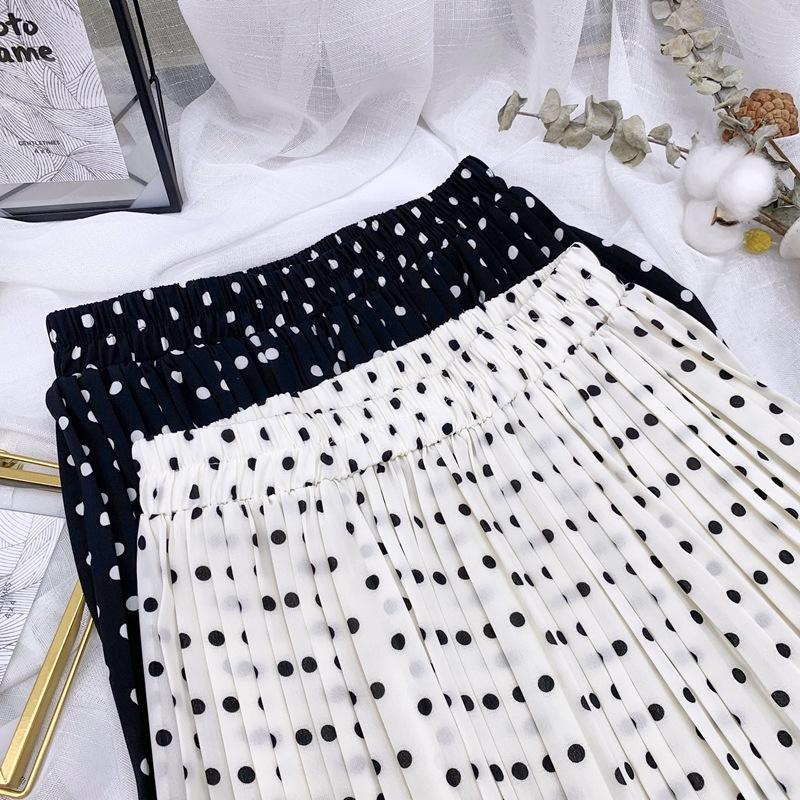 DX~~ Korean Version of High Waist Slim Chiffon Pleated Skirt Women's Spring and Summer Polka-dot Long Skirt Beach Skirt