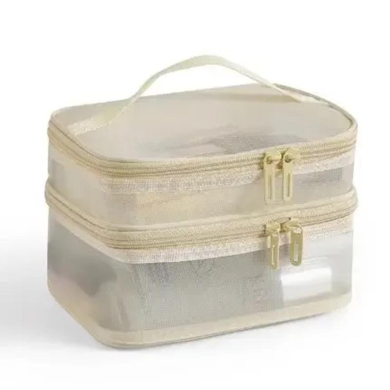 1pc Double Layer Mesh Makeup Bag, Wash Bag, Women's Portable New Large Capacity Storage Bag, Cosmetics Storage Bag