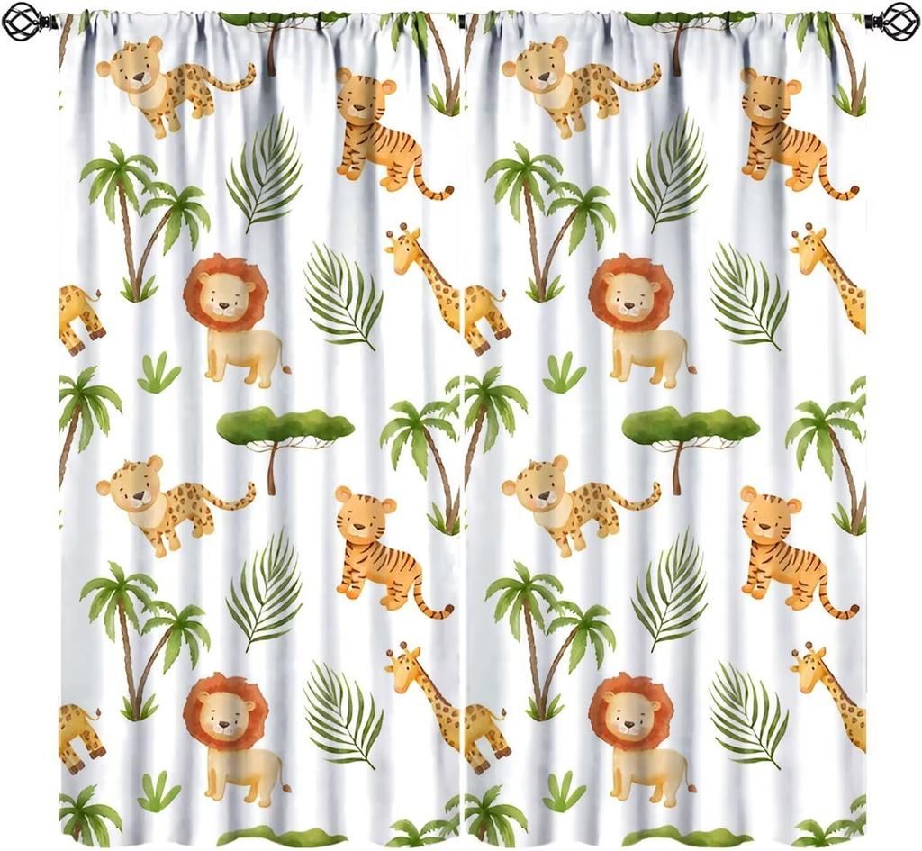 Kids Safari Animals Curtains Tropical Jungle Adventure African Lion Elephant Monkey Print Window Drapes Baby Curtain Polyester