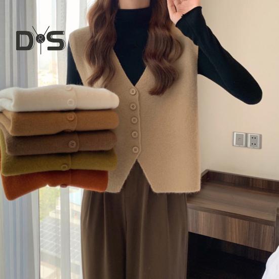 Jesień Zima Damska Kamizelka Dekolt w Serek Zapinana Na Guziki Jednolity Kolor Luźna Dzianina Gruba Utrzymuje Ciepło Bez Rękawów Luźny Sweter Top