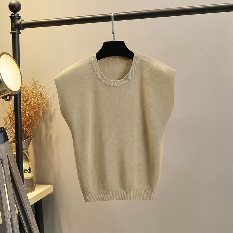 

Ice Silk Qu Zhu Knitwear Women s Summer Thin Short-Sleeved Half round Neck T-shirt Stretch Drape with Skirt and Top Tide Khakis L