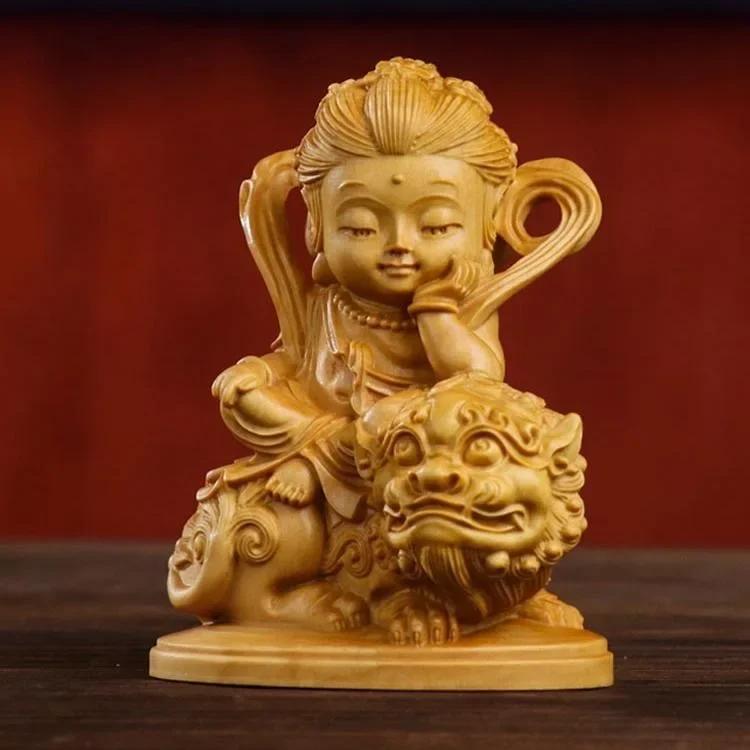 Cliff Cypress Wood Carving Manjusri Samantabhadra Bodhisattva Ornament Solid Wood Carving Crafts Home Furnishings Decoration