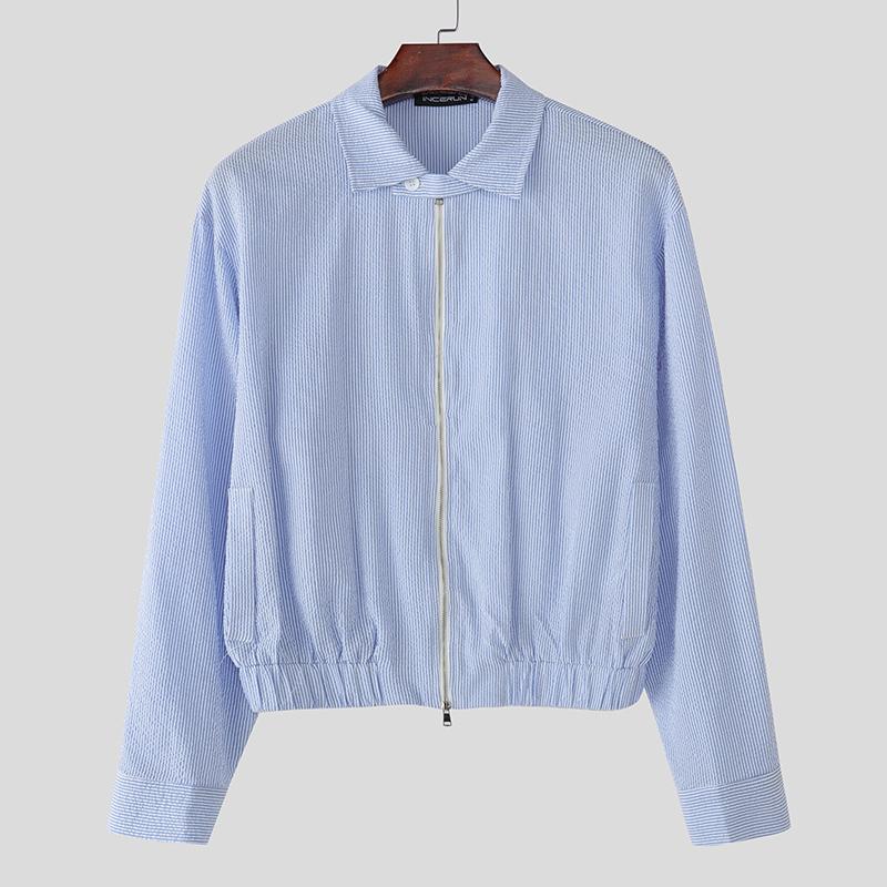 

INCERUN Мужские лацканы Длинный рукав Застежка-молния Полосатые укороченные куртки Короткие пальто S синий