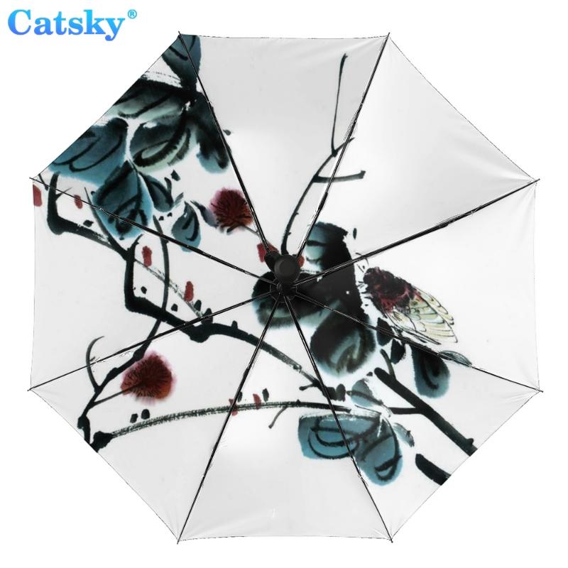 

Полностью автоматический трехстворчатый складной зонт с китайской росписью и черным покрытием, анти-УФ-защита от солнца, женский зонтик от дождя