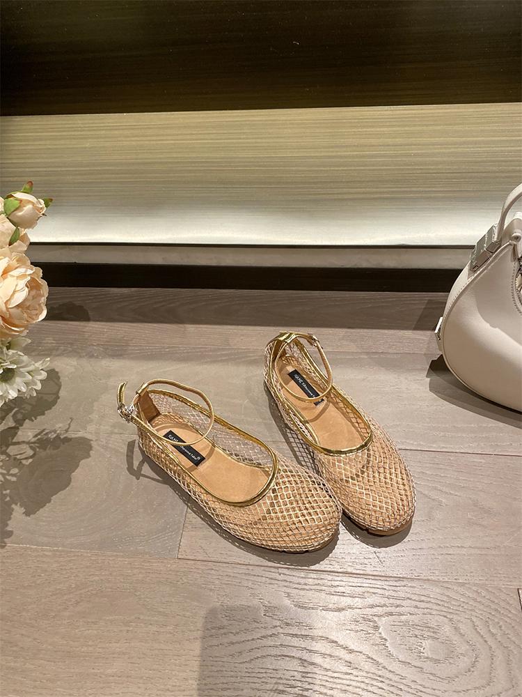 Mesh Breathable French Fairy Style Single Shoes Women 2025 New Summer Round Head Shallow Mouth Ankle Strap Flat With Skirt Tide
