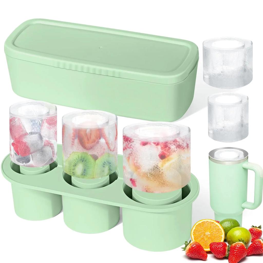 Silicone Ice Cube Maker Tray For  Cup with Lid and Bin for Freezer, 3 Hollow Large Cylinder Ice Cube Mold for Drinking Ice tray