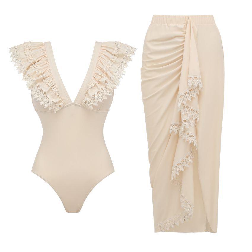 In Stock: 2026 Stylish Sexy Lace Trim One-Piece Swimsuit for Women L