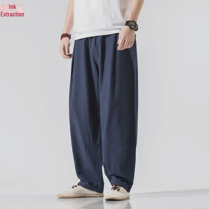 Herren lockere chinesische Leinenhose - lockere gerade geschnittene lässige Baumwoll-Bloomers für Frühling/Sommer
