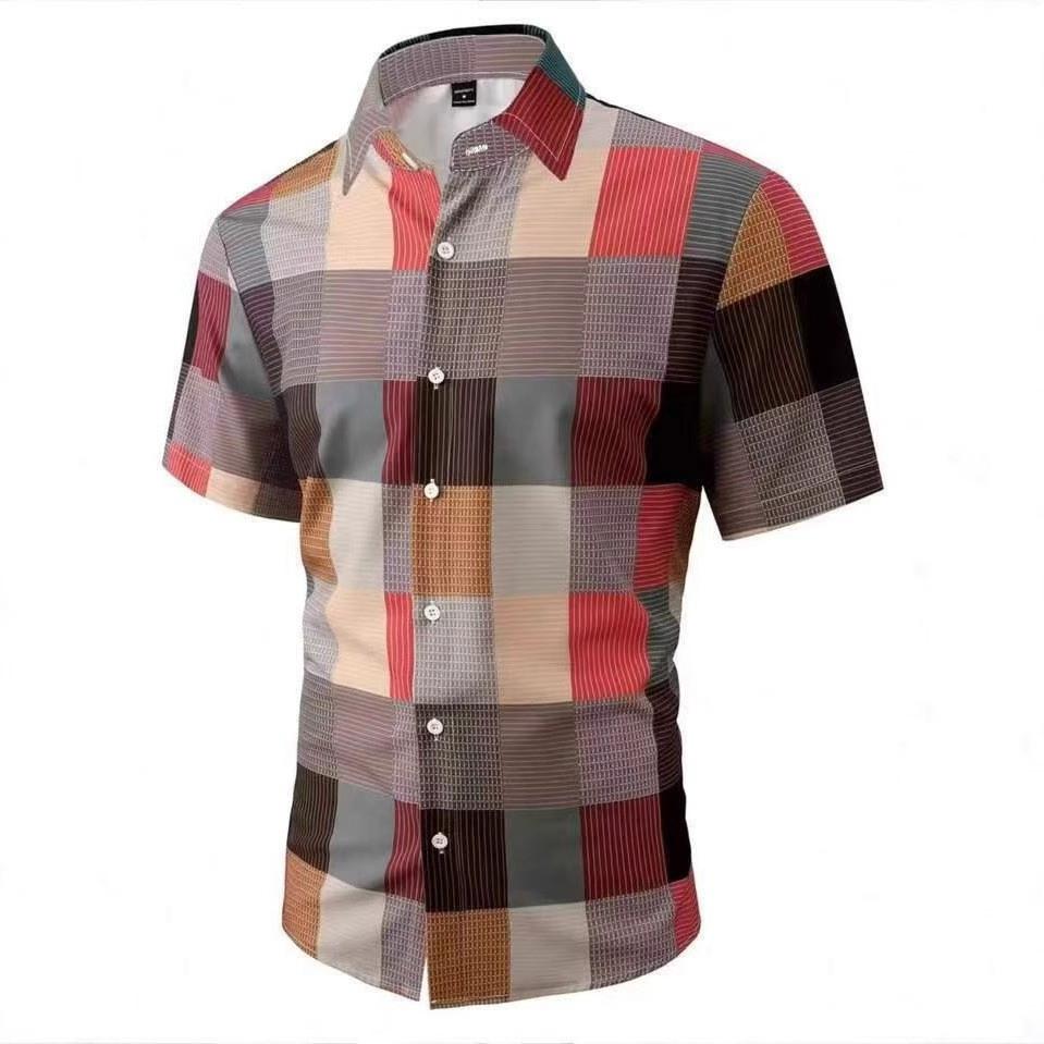 Men's Trendy 3D Print Plaid Slim Fit Short Sleeve Casual Shirt