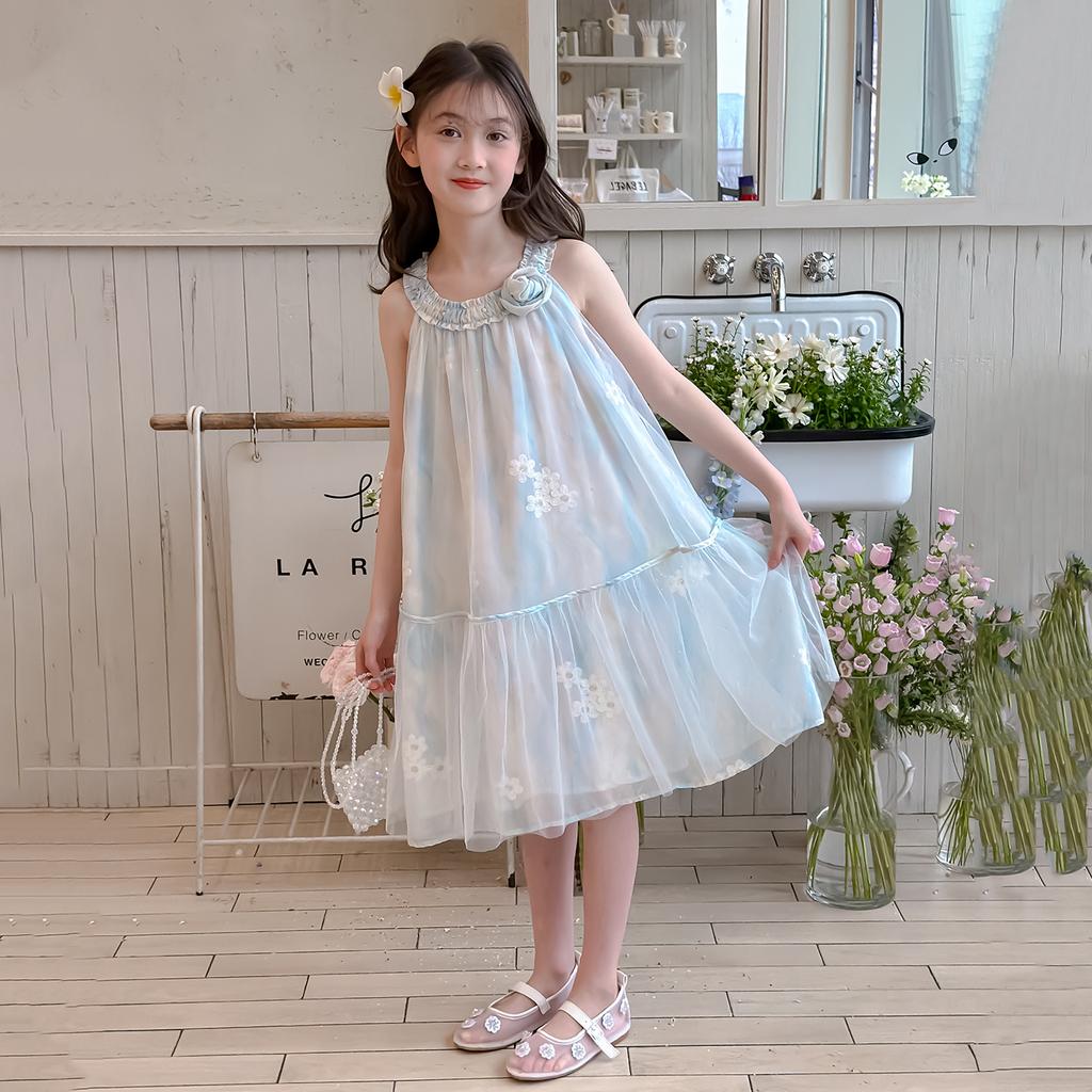 Girls' Sleeveless Dress, Summer Neck Hanging, Stylish Chiffon Dress, 2026 New Item, Medium To Large Children's Mesh Dress, Korean Version