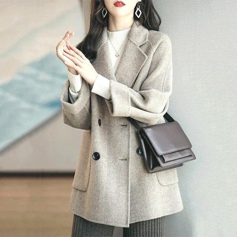 

Autumn and Winter Composite Thickened Drapey Woolen Coat Women s Character Pattern Spring and Autumn Mid-length Woolen Coat 3XL