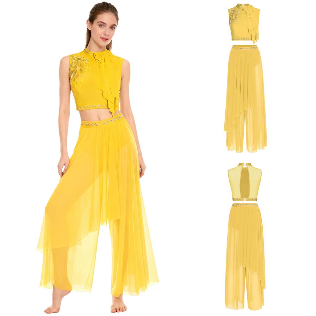 Conjunto de Danza Contemporánea para Mujer Bordado de Lentejuelas Crop Top Decoración de Lazo Pantalones de Malla de Pierna Ancha Ropa de Danza Lírica Atuendo de Actuación