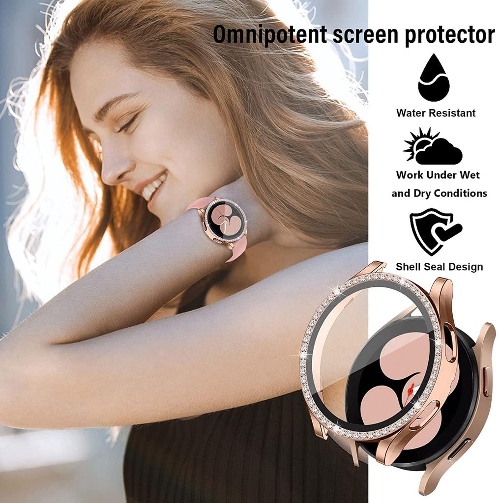 LUJING Glass+Case for Samsung Galaxy Watch 4 44mm 40mm Accessories Bling Diamond PC Bumper Shell +Screen Protector Galaxy Watch4 Cover