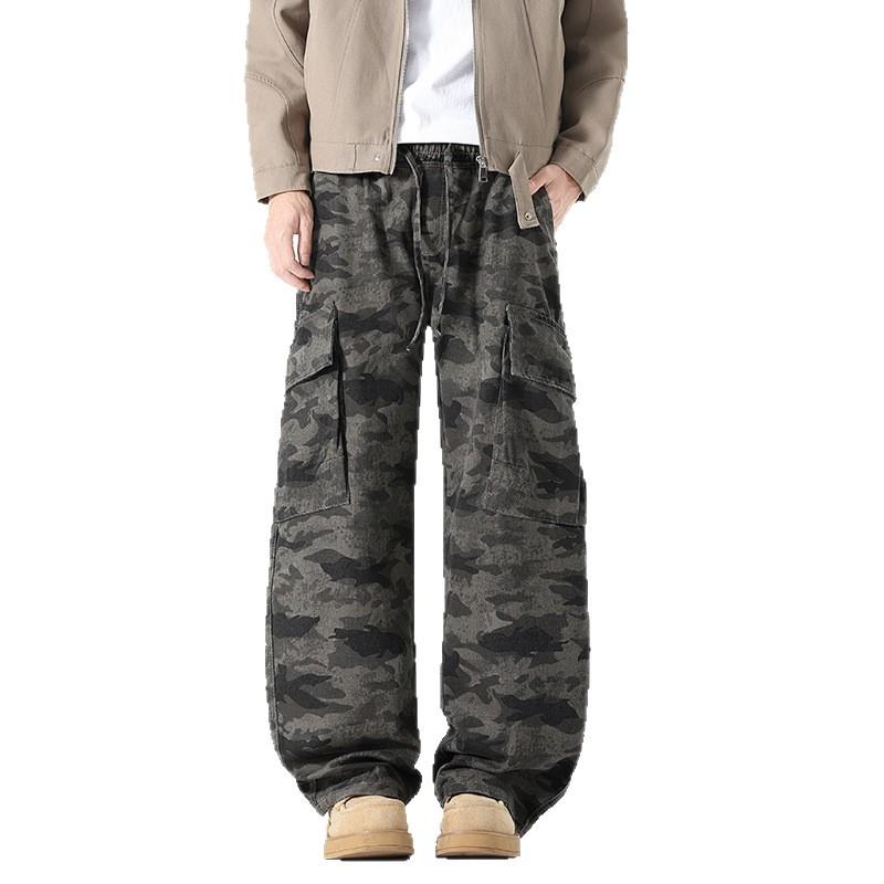 Retro Camouflage Workwear Casual Pants for Men Straight Loose Pocket Pants