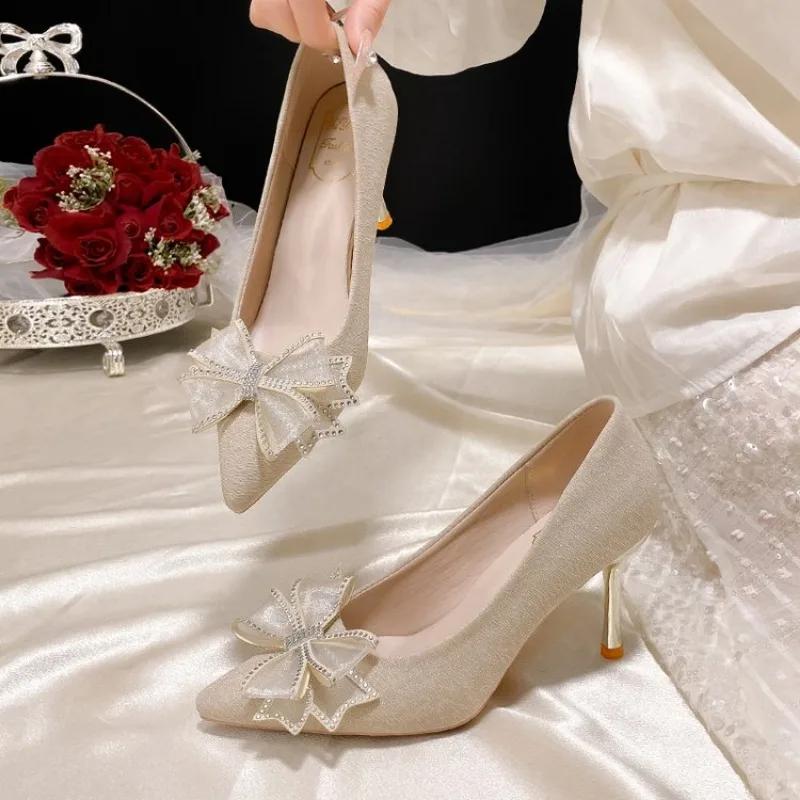 Fashion Retro Women Luxury High Heels Shoes Elegant Stiletto 2025 Comfortable Butterfly Office Boat Pointed Pumps Zapatos De Mujer