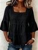 Women Square Neck Lace Trim Bell Sleeve Top Casual Tiered Smocked Solid Color Blouse