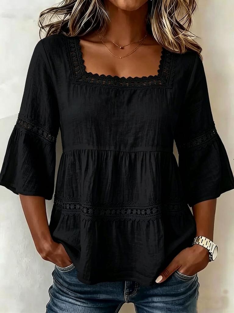 Women Square Neck Lace Trim Bell Sleeve Top Casual Tiered Smocked Solid Color Blouse