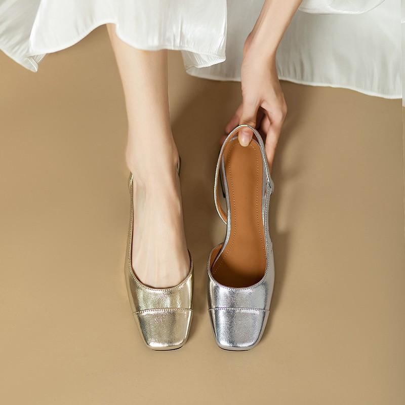 Fashion Summer New French Temperament Square Toe Shallow Mouth Back Empty Block Heel Single Shoes Low Heel Sandals Women