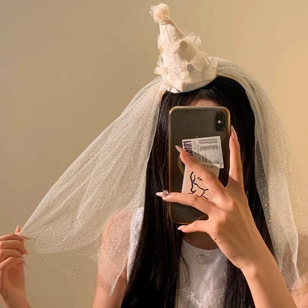 Soft White Veil Hairband Creative Birthday Photograph Prop Hair Hoop Mesh Bow Headband  Girls