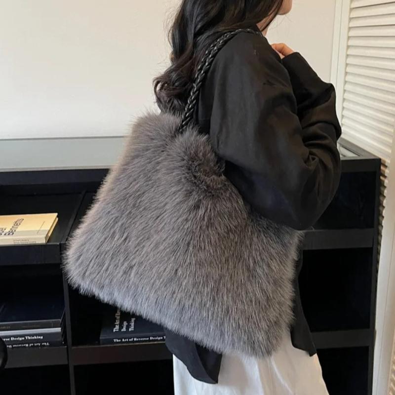 Fashion Women Furry Shoulder Bag Large Capacity Tote Handle Bag for Autumn Winter Outing Commuter Texture Versatile Storage Bags