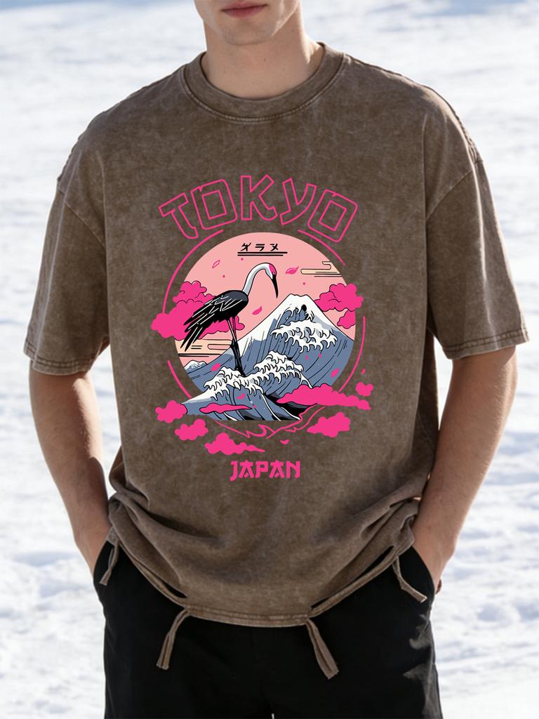Tokyo Japan Crane Waves Prints Washed TShirts Womens Cotton Oversize T Shirt Summer ONeck Short Sleeve Tops Casual Clothes
