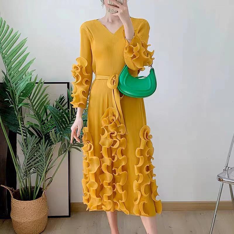 Pleated Ruffle Long Dress - 2025 Women's Spring/Autumn Slimming Loose Fit