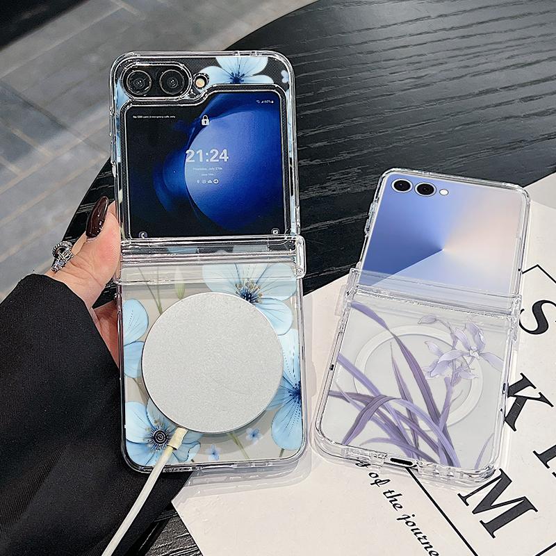 For Samsung Z Flip 7 6 5 4 Case Magnetic For Magsafe Blue and White Flowers Hinged Hard PC Folding Cover For Galaxy Z Flip7 Flip6 Flip5