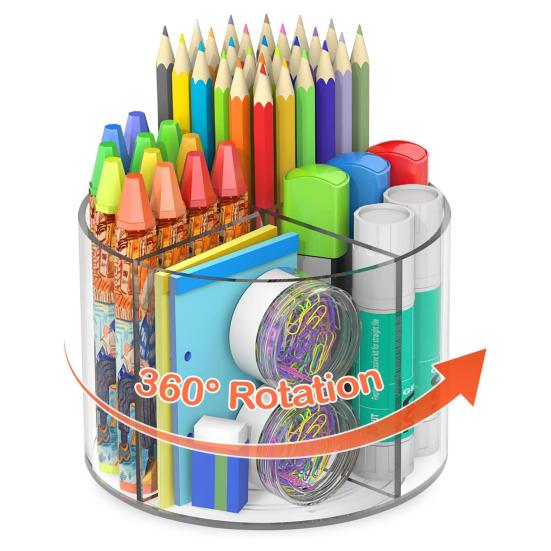 360 Degree Rotating Pen Holder Transparent Desk Pencil Organizer with 4 Compartments Acrylic Marker Caddy for Office Home School Supplies