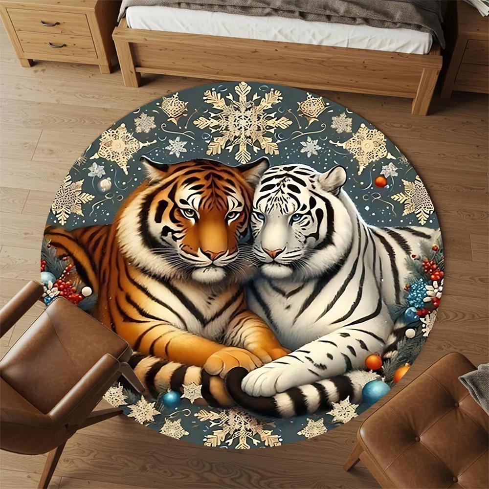 1pc Tiger Snowflake Round Chair mat office Area Rug - Non-Slip, Floor Mat for Office, Bedroom, and Indoor Decor p127010