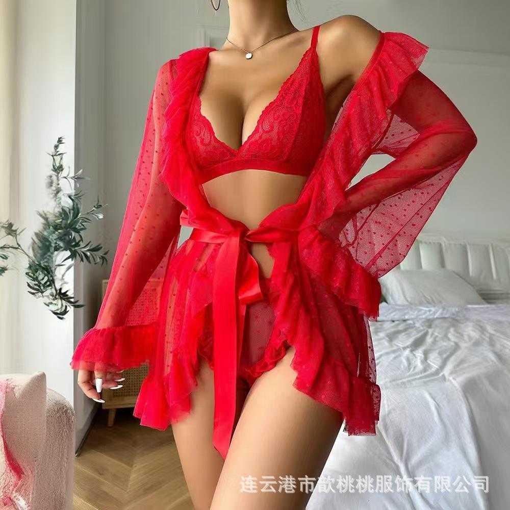 New sexy underwear lace suspenders seduction pajamas French thin pure desire polka dot robe set