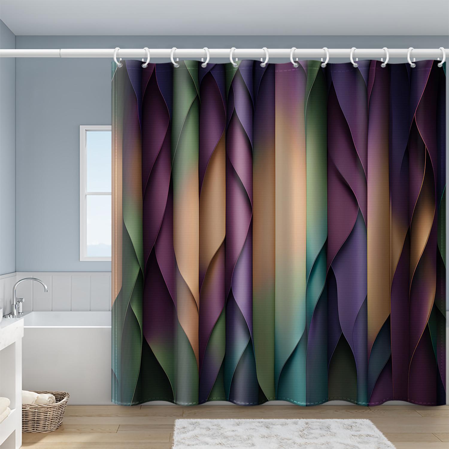 

Purple Green Orange Wave Shower Curtain - Modern Art Style, Polyester, Includes Hooks, All-Season Bathroom Decor W60H190(CM)-1 Pcs