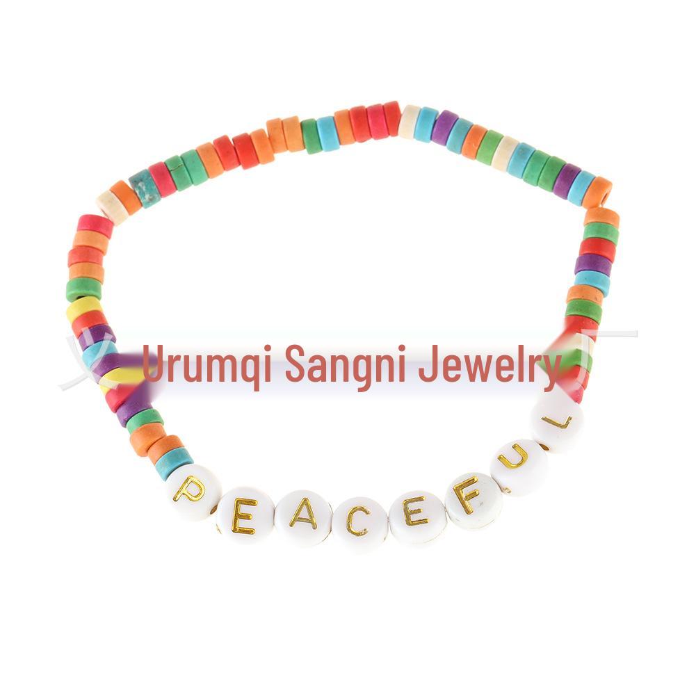 Unisex European & American Natural Stone Beaded Elastic Bracelet with English Letter