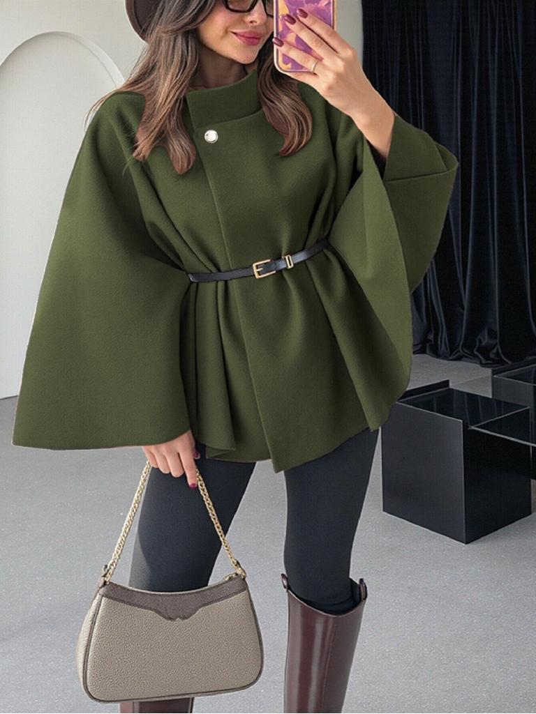 Moda Invernale Donna Stile Elegante Colore Puro Cintura con Cintura Cappotto Mantella in Lana