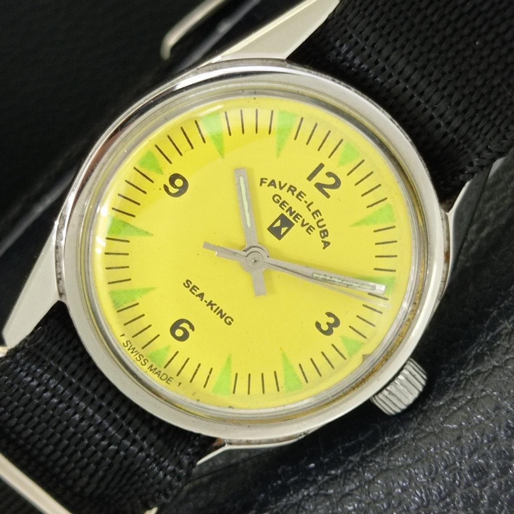 HAND-WINDING VINTAGE FAVRE LEUBA SEA KING SWISS MENS SIGN CASE WATCH A702019-5 R208-a702019