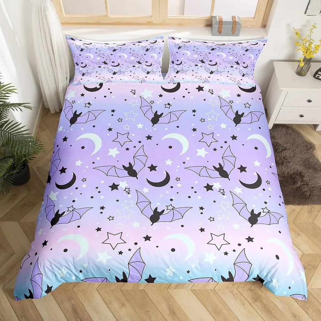 Fledermausdruck Bettbezug Twin Queen Halloween Bettwäsche-Set für Jungen Mädchen Kinder Regenbogen Bettdeckenbezug Farbverlauf Stil Raumdeko